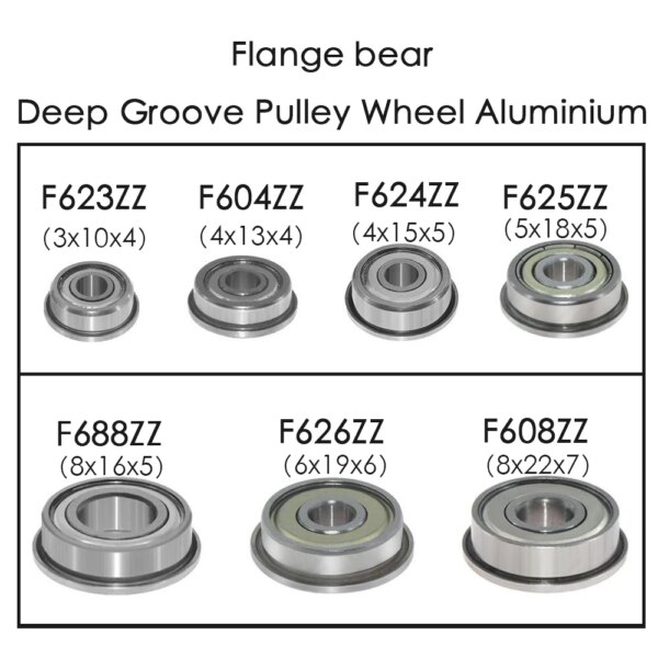 10pcs Flange Ball Bearings F604ZZ F623ZZ F624ZZ F625ZZ F684ZZ F688ZZ 3D Printers Parts Deep Groove Pulley Wheel Aluminium Part
