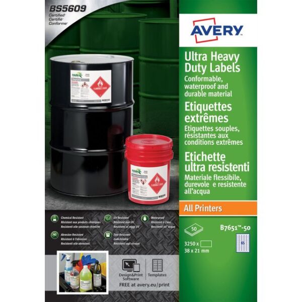 Etiket Avery B7651-50 38x21mm polyethyleen wit 3250 etiketten | 5 stuks