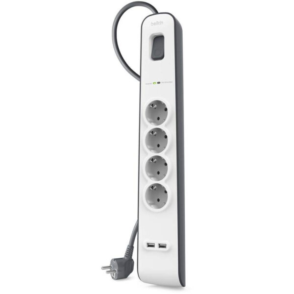 Spanningsbeveiliger met 4 stopcontacten en 2 USB-poorten Stekkerdoos