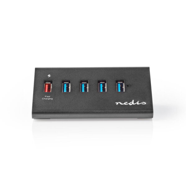 Nedis UHUBUP3510BK Usb-hub 5-poorts Usb 3.0 Met Externe Voeding Qc3.0 Oplaadpoort 5 Gbps Aluminium