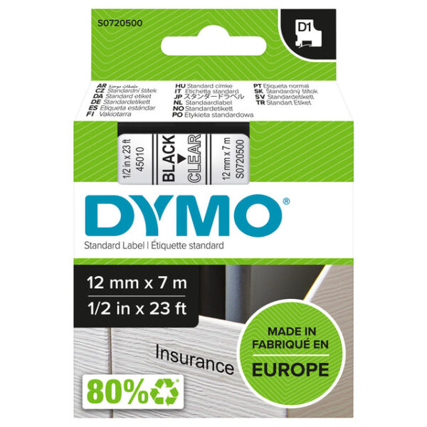 Labeltape Dymo LabelManager D1 polyester 12mm zwart op transparant | 5 stuks