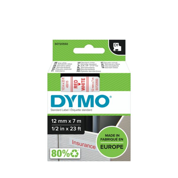 Labeltape Dymo LabelManager D1 polyester 12mm rood op wit | 5 stuks