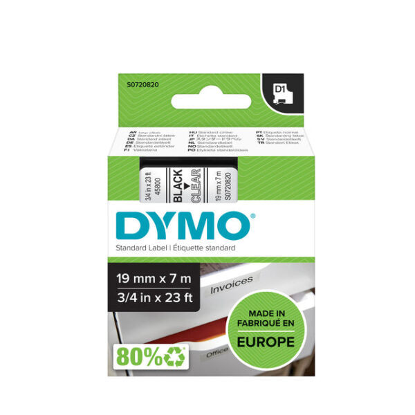 Labeltape Dymo LabelManager D1 polyester 19mm zwart op transparant | 5 stuks