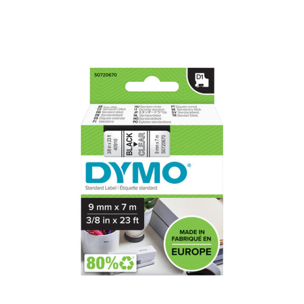 Labeltape Dymo LabelManager D1 polyester 9mm zwart op transparant | 5 stuks