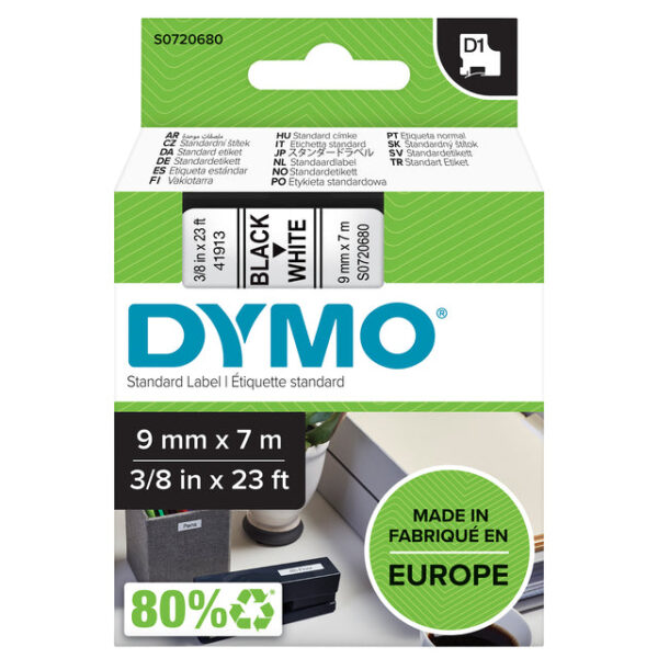 Labeltape Dymo LabelManager D1 polyester 9mm zwart op wit | 5 stuks
