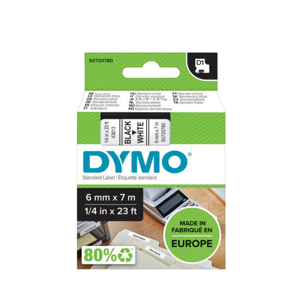 Labeltape Dymo LabelManager D1 polyester 6mm zwart op wit | 5 stuks