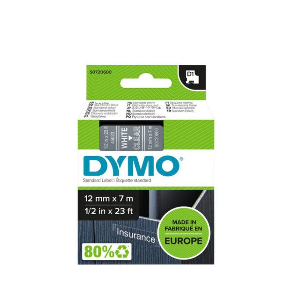 Labeltape Dymo LabelManager D1 polyester 12mm wit op transparant | 5 stuks
