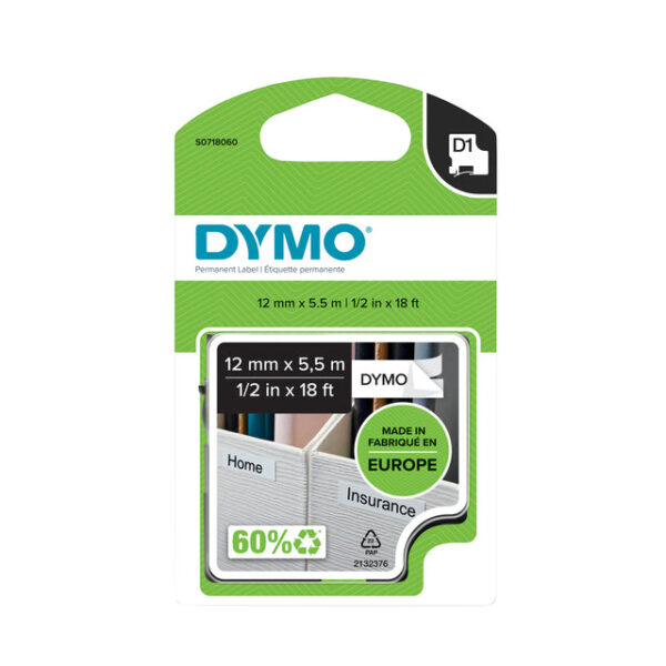 Labeltape Dymo LabelManager D1 polyester 12mmx5.5m zwart op wit | 5 stuks