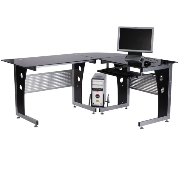 HOMCOM hoekcomputertafel, modern ontwerp, veiligheidsglas, ruime opbergruimte, ideaal voor thuiswerken, 120 x 60 x 75 cm | Aosom.nl