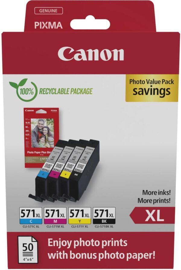 Canon photo value pack CLI-571XL, 375 - 895 foto's, OEM 0332C006, 4 kleuren