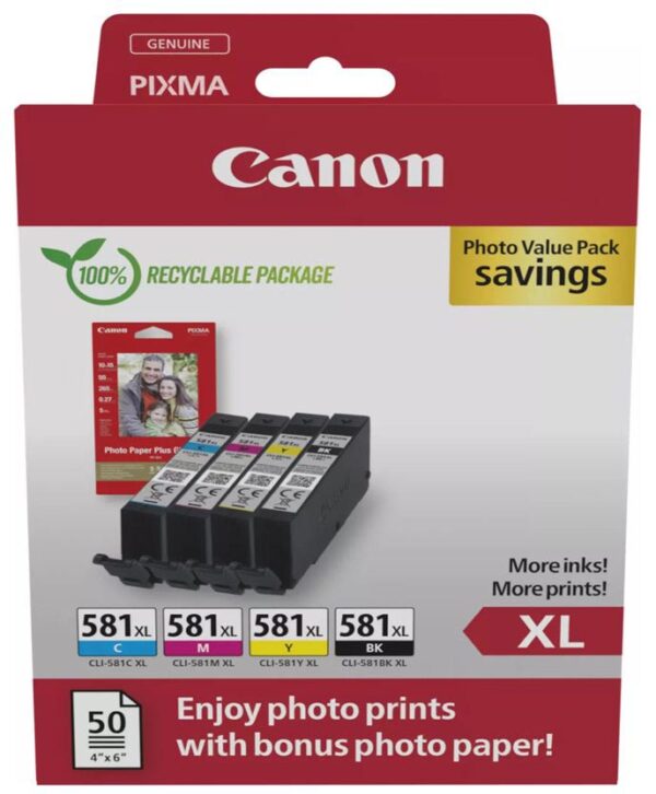 Canon photo value pack CLI-581 XL, 170 - 520 foto&apos;s, OEM 2052C006, 4 kleuren