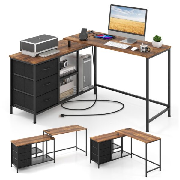 Ombouwbaar Hoekbureau met Stopcontact L-Vormig Bureau met 3 Stoffen Lades en Metalen Legplanken van Gaas Bureau van 205 cm Bruin
