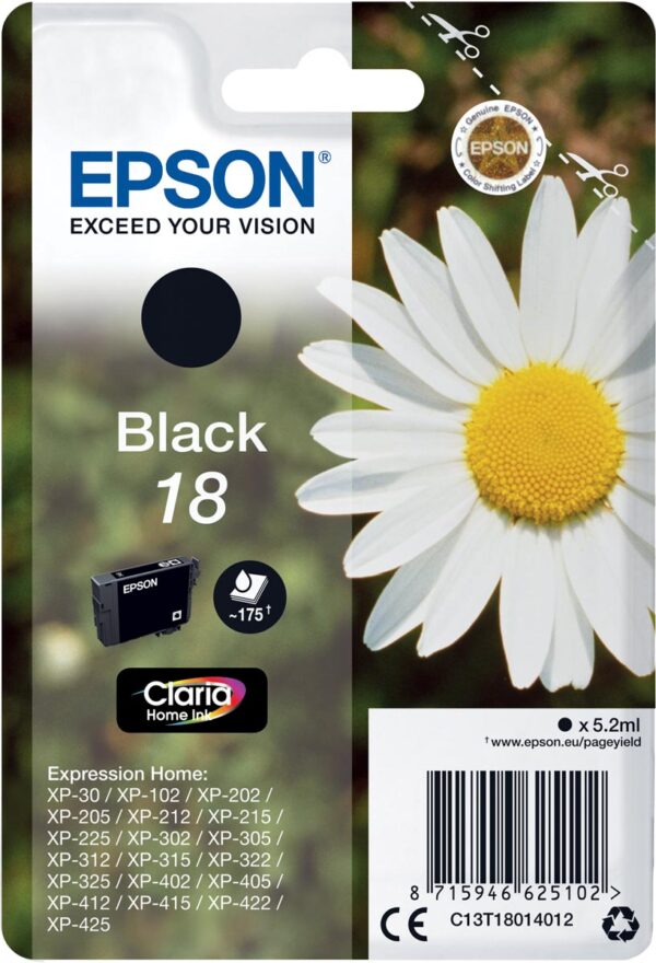 Epson inktcartridge 18, 175 pagina&apos;s, OEM C13T18014012, zwart