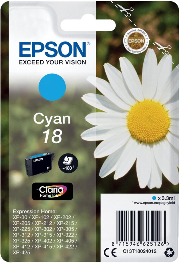 Epson inktcartridge 18, 180 pagina&apos;s, OEM C13T18024012, cyaan