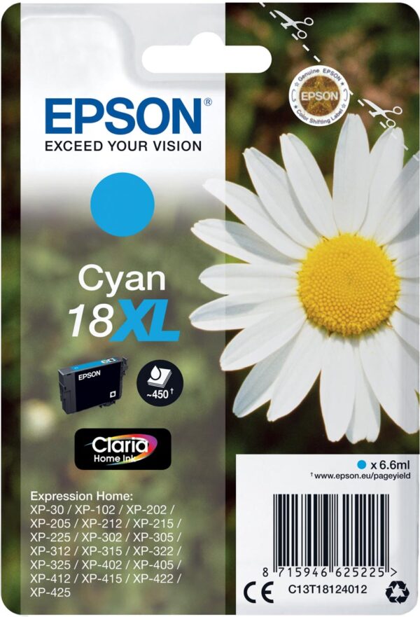 Epson inktcartridge 18XL, 450 pagina&apos;s, OEM C13T18124012, cyaan