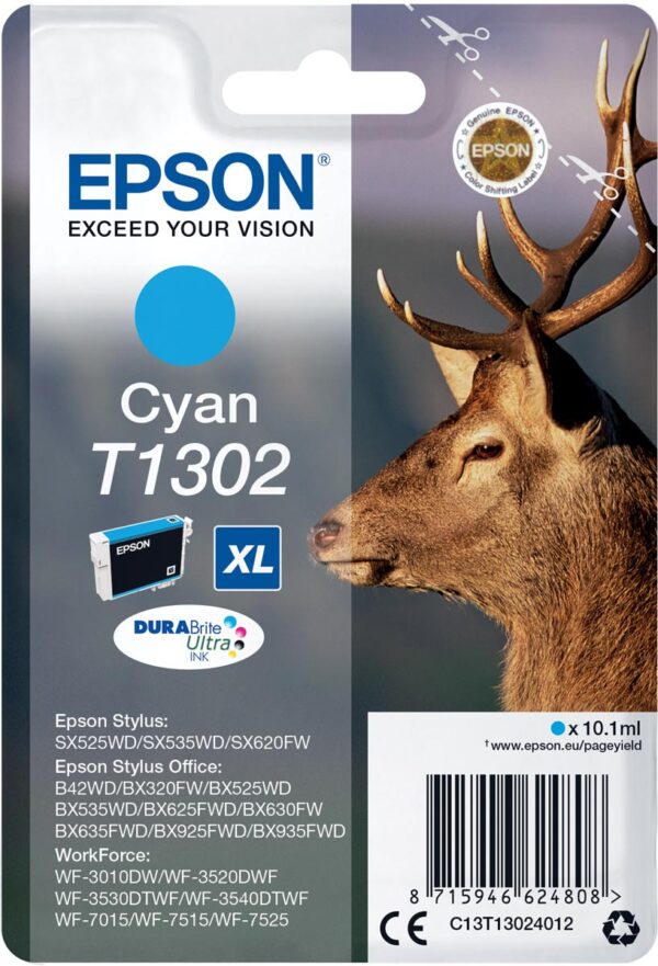 Epson inktcartridge T1302, 765 pagina's, OEM C13T13024012, cyaan