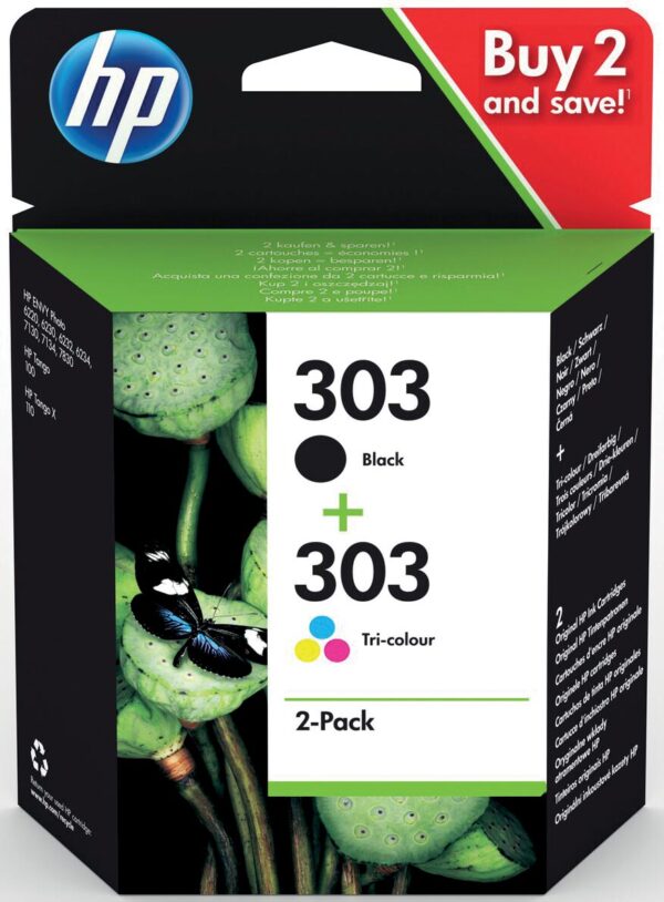 HP inktcartridge 303, 165-200 pagina's, OEM 3YM92AE, 1 x zwart en 1 x 3 kleuren